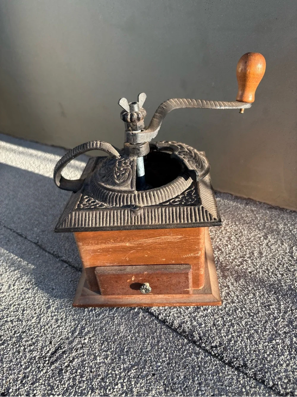 Vintage Wooden hand crank coffee grinder cast iron Rustic farmhouse decor